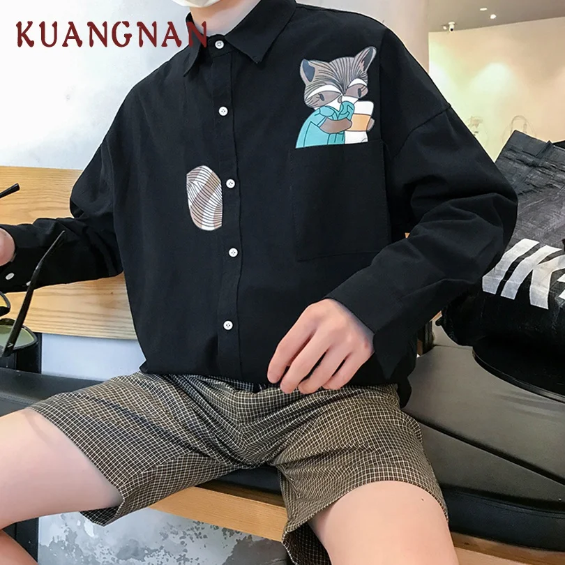 Мужская Уличная рубашка KUANGNAN с принтом енота мужские рубашки длинным рукавом