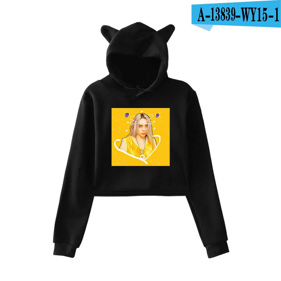 Billie Eilish Кепка с кошачьими ушками сексуальные толстовки модный тренд короткий кошачий Топ Женская толстовка с принтом сексуальная одежда Kpop - Цвет: black