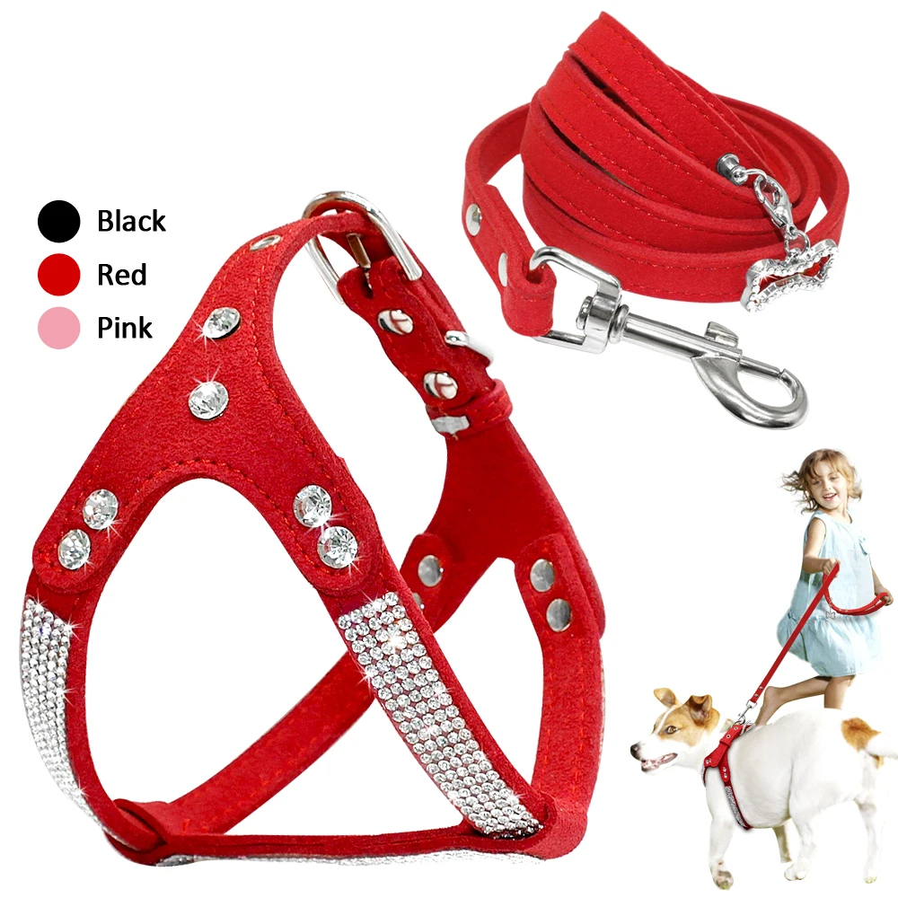 

Soft Suede Leather Dog Harness Leash Set Adjustable Rhinestone Puppy Pet Harnesses Leashes Lead Set For Small Medium Dogs Cats
