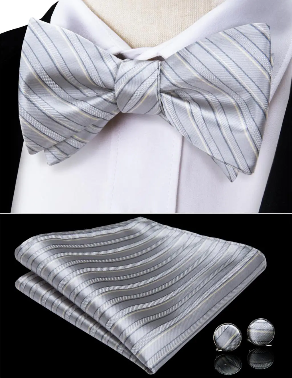 DiBanGu роскошный белый полосатый мужской галстук бабочка набор 100% шелк Карманный