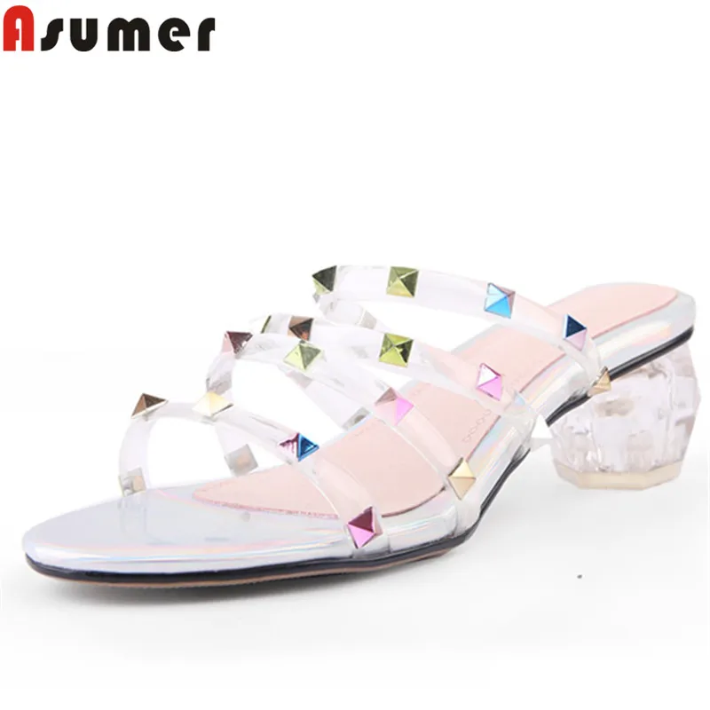 

ASUMER large size 34-45 summer sandals for women shallow med heels ladies prom shoes mixed colors rivet women sandals 2020