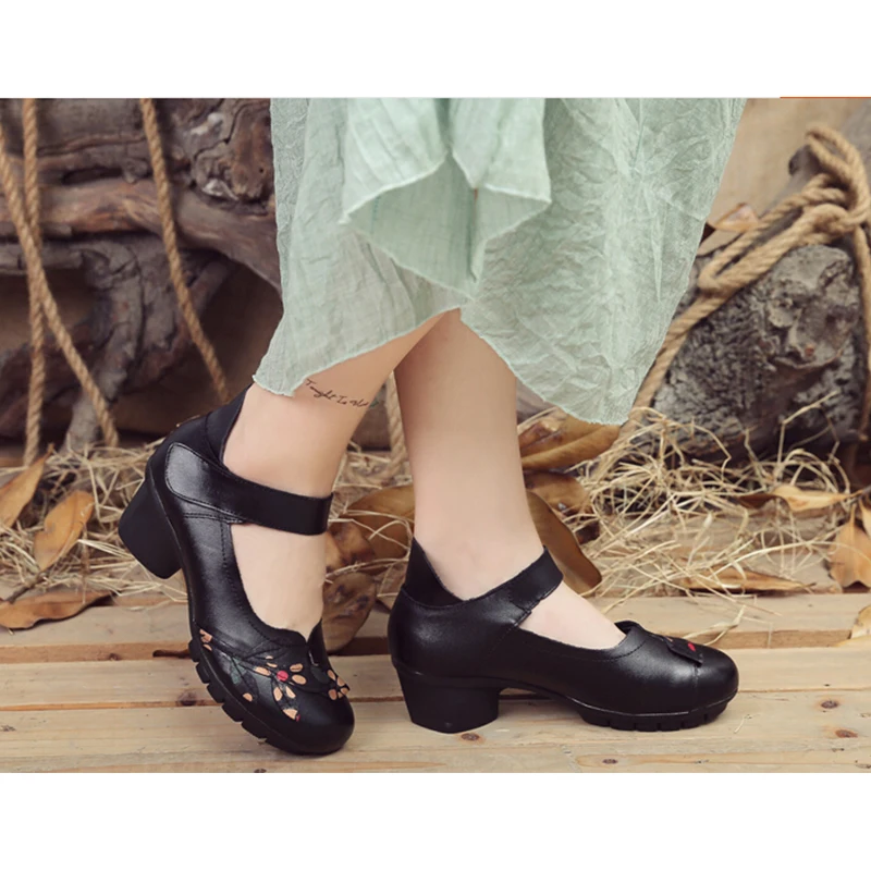 RUSHIMAN/Новинка женская кожаная обувь в народном стиле с принтом на мягкой подошве