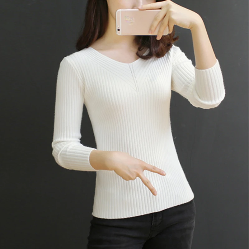 Elasticity Soft Women Sweater Autumn Pullovers Knitted Sweaters V Neck Sexy Slim Knit Coat Female Blouse Winter Knitwear | Женская