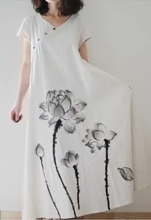 2015new arrive plus size summer china style women dress cotton linen long ink lotus printed retro art Fan loose vestidos | Женская