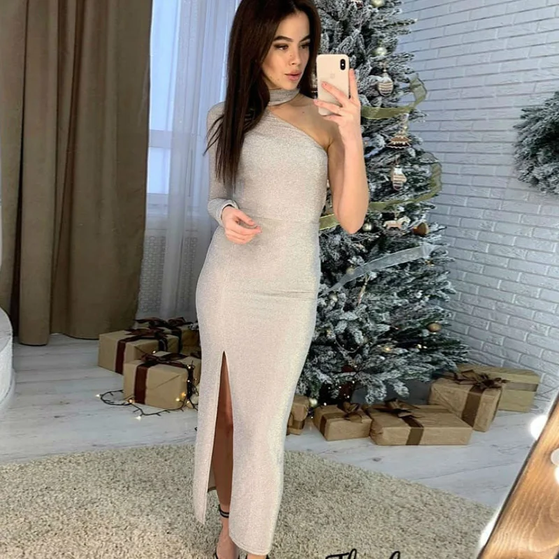 Женское платье карандаш с открытым плечом длинным рукавом высокой талией и