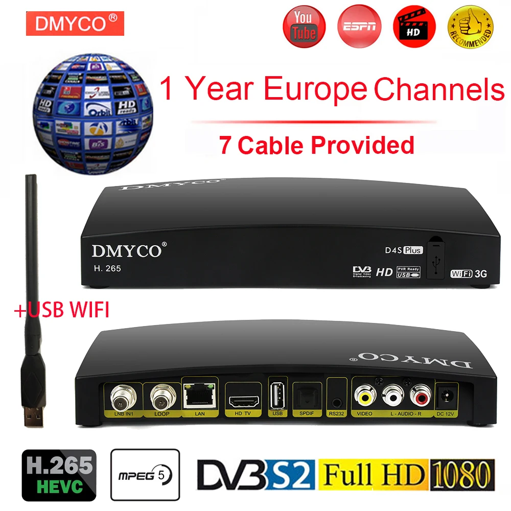 DVB S2 спутниковый ресивер H.265 1 год Европа Испания Польша сервер LNB ТВ тюнер HD Full 1080P
