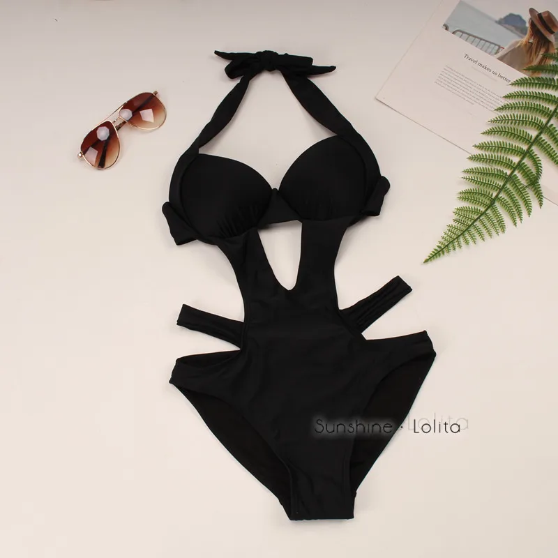 Сексуальный черный бандажный бикини с лямкой на шее купальный костюм пуш ап