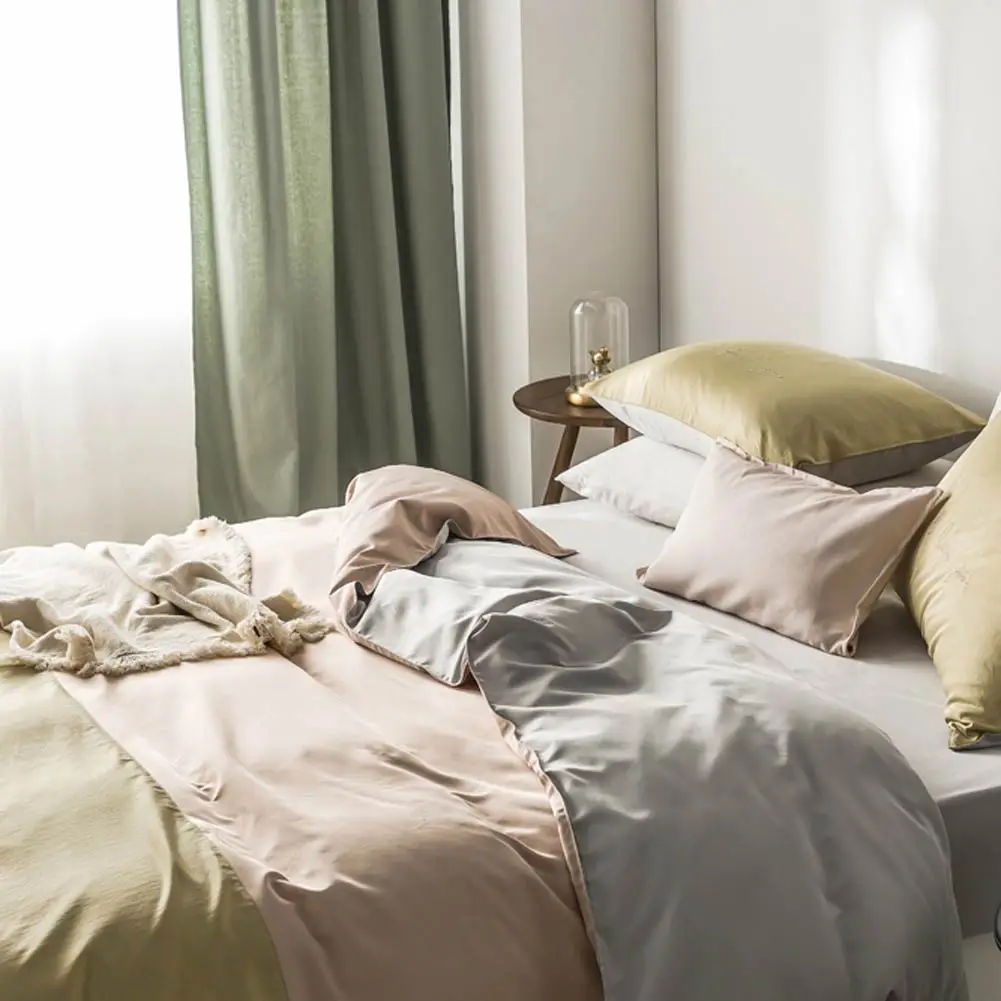 Nordic Light Green Dark INS Embroidery Bedlinens Artificial Silk Satin Duvet Cover Set Queen King Bedsheet Bedding Set