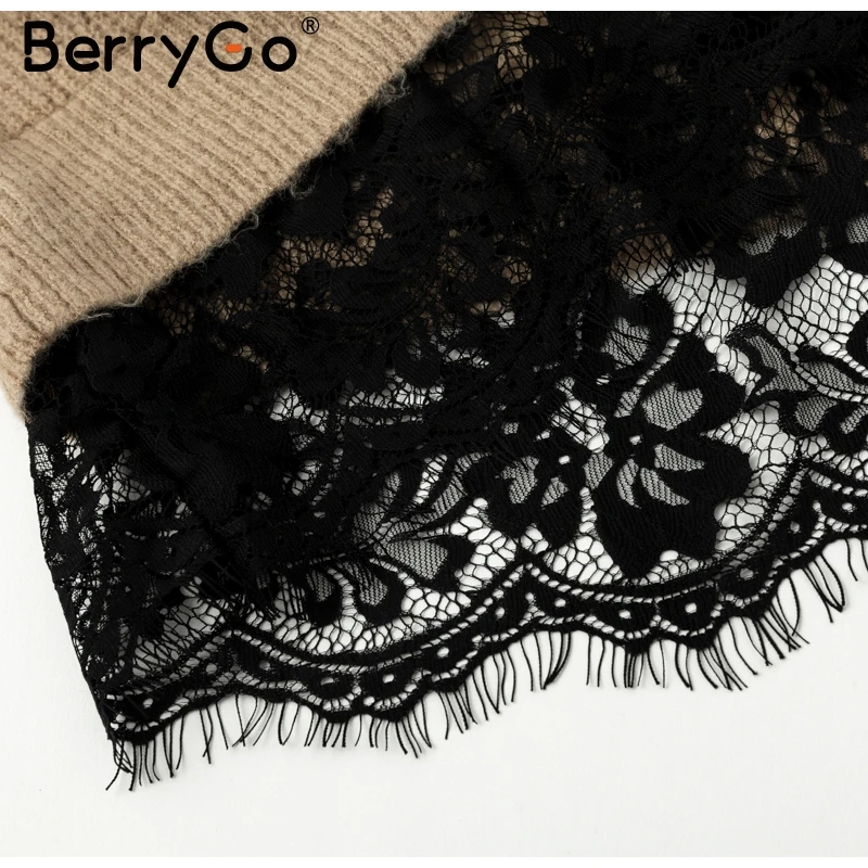 BerryGo сексуальный кружевной Женский трикотажный свитер платье с круглым вырезом