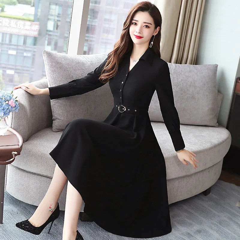 OL стильное черное платье женское осеннее с длинным рукавом элегантное