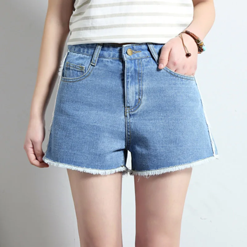 

2019 Summer Denim Shorts For Women Slim Female Casual Fashion Tassel Ladies Jeans Light Blue Pockets Loose High Waist Shorts
