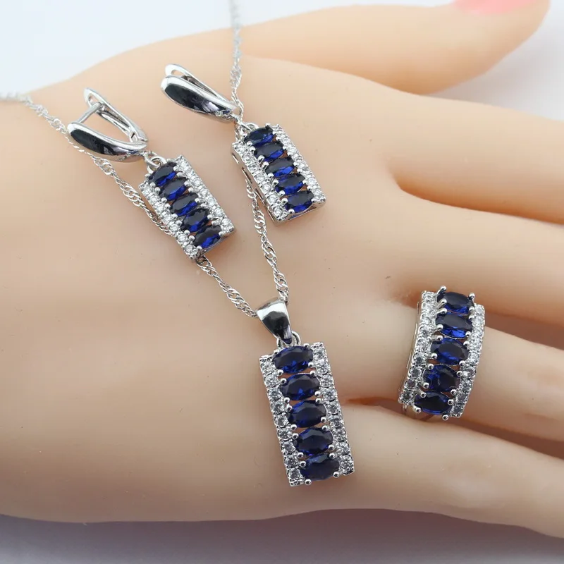 3PCS Blue 4 шт Синий Кубический Цирконий 925 серебряный цвет Ювелирные наборы для женщин браслеты, подвесные колье серьги кольца подарочная коробка - Окраска металла: 3PCS Blue