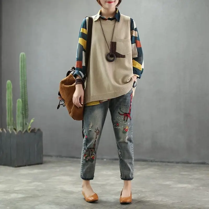 Весенний жилет Ретро женский свободный вязаный пуловеры Топы новые с круглым