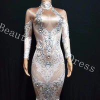 glisten rhinestones white or red printed long tail dress birthday evening party outfit nightclub female singer show sexy dresses