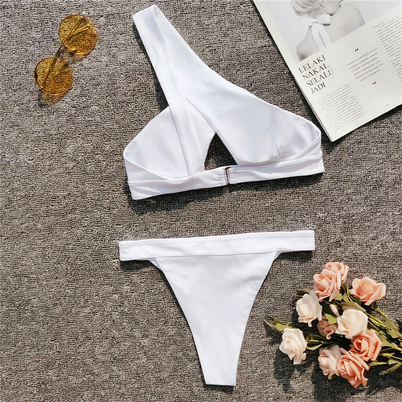Бикини на одно плечо 2019 с пряжкой высоким вырезом купальник сексуальные стринги