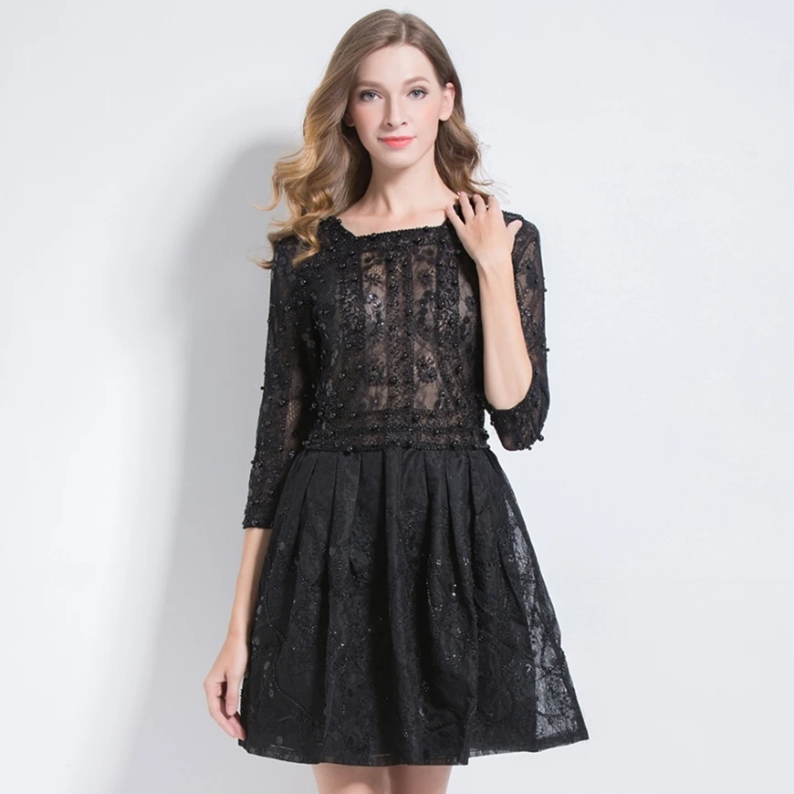 

Spring Luxury Party Vestido Square Collar 3/4 Sleeve Handmade Embroidered Bead Pearl Sequin Tunic A-Line Hollow Out Lace Dress