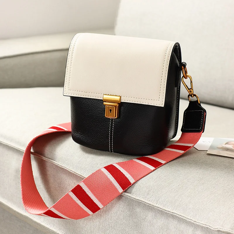 

WOONAM Women New Fashion Genuine Calf Leather Contrast Color 2-tone Small Cross-body Flap Satchel Shoulder Bag WB577