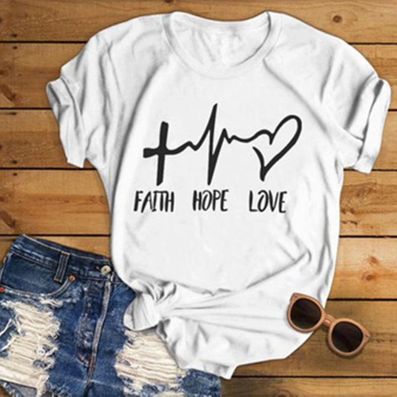 Женская футболка с коротким рукавом faith hope love Повседневная круглым вырезом на