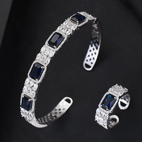 Blue GODKI, роскошный цветок, Саудовская Аравия, браслет, серебряное кольцо, набор ювелирных изделий для женщин, свадебные, Обручальные, brincos para as mulheres - Окраска металла: Blue