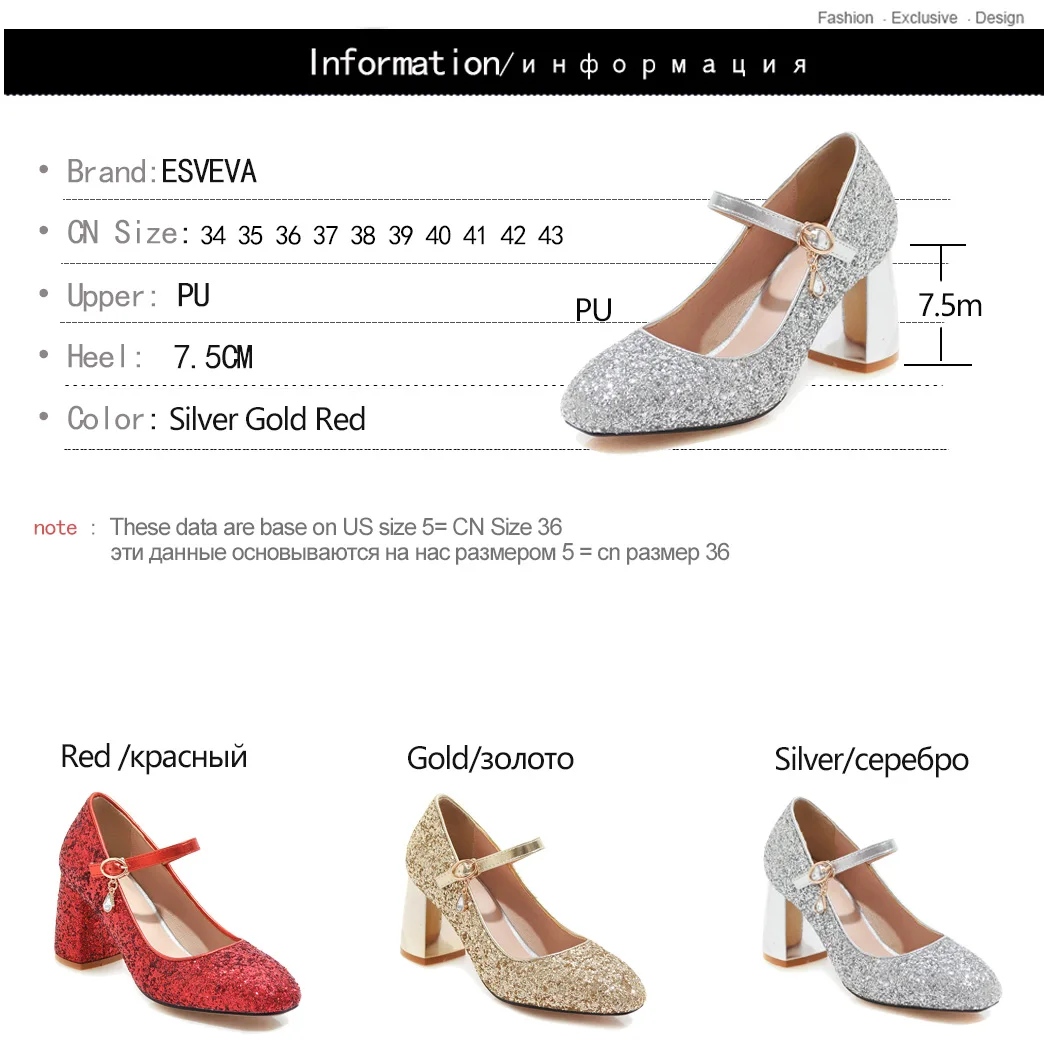

ESVEVA 2019 Women Pumps PU Leather Mary Janes Pointed Toe Basic Ankle Strap Gold Silver Party Single Shoes Sexy Size 34-43