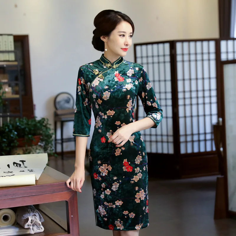 Женское бархатное короткое платье Qipao китайское традиционное винтажное большого