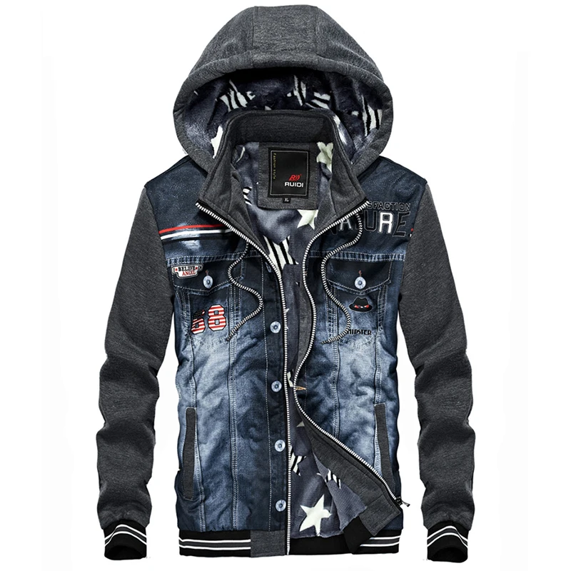 Куртка Idopy Мужская джинсовая с капюшоном винтажная Толстовка в стиле пэчворк