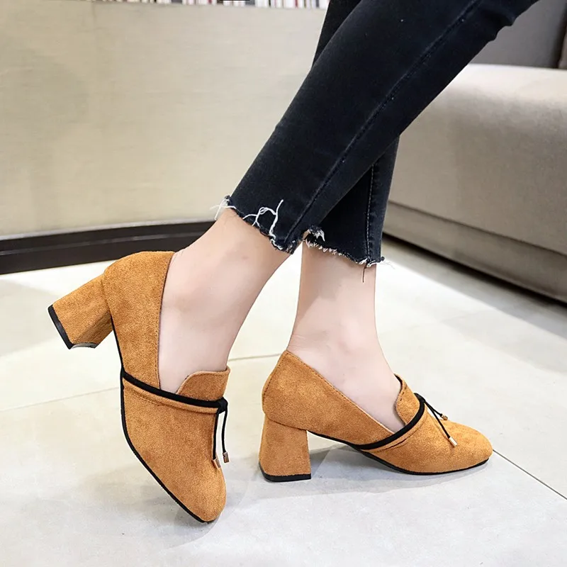 Comfortable office women shoes summer suede 2019 new square toe genuine leather medium heel solid shallow size40 | Обувь
