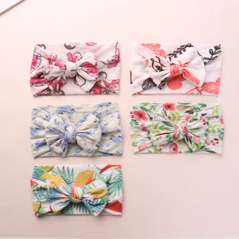

Girls Big Flowers Hair Bow Headband For Kids 2020 Spring Large Turban Elastic Hair Band Girls fruit Floral Hair Accessories