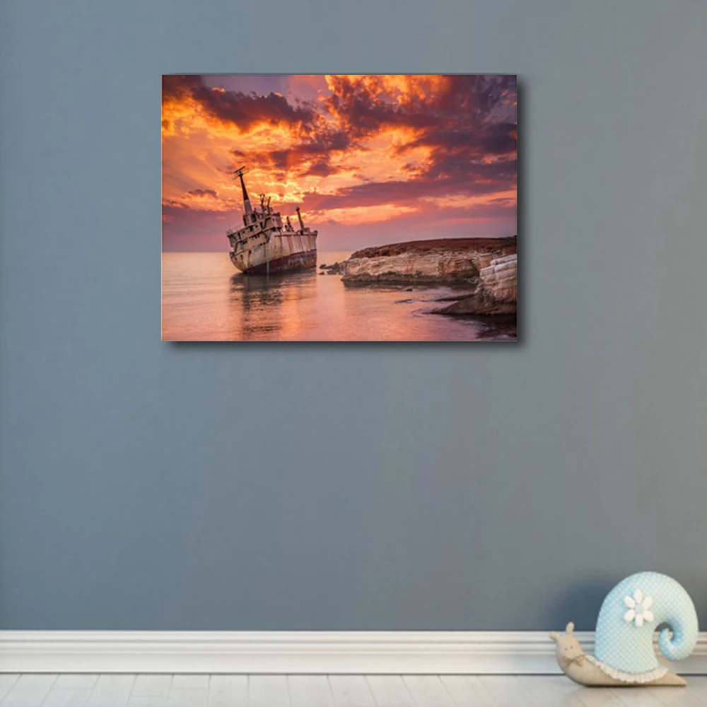 Laeacco Boat Seaside Wall Artwork Sunrise Canvas Painting Posters Prints Pictures Living Room Bathroom Home Decoration | Дом и сад