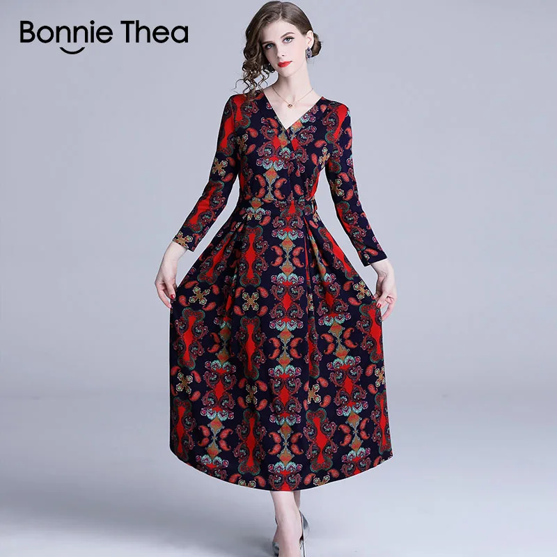 Женское платье с цветочным принтом Bonnie Thea Осеннее Элегантное Длинное винтажное