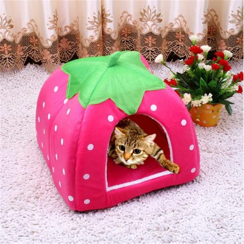Милый складной домик для кошки маленького щенка, котенка, теплая клубника, хлопковая кровать для питомца, флисовый уютный домик для маленькой средней кошки, собаки