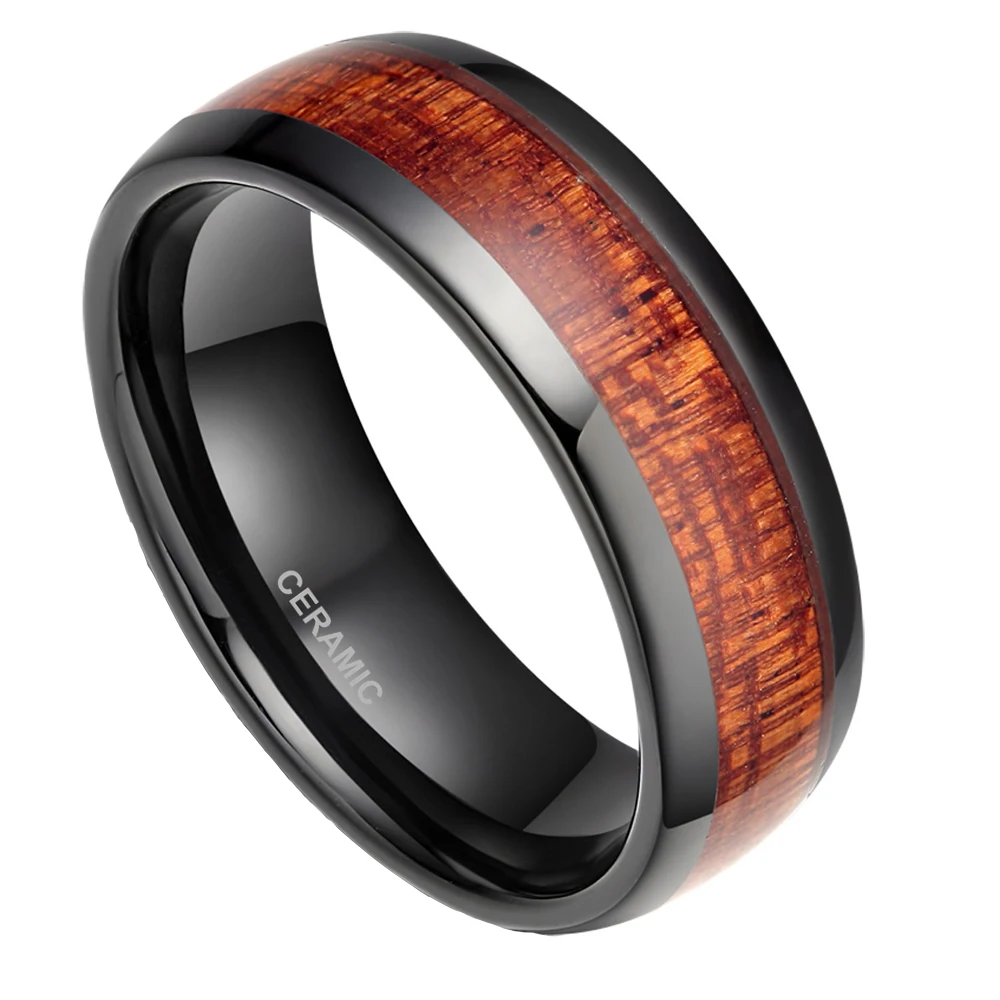 Мужское керамическое кольцо 8 мм черное из красного дерева с инкрустацией
