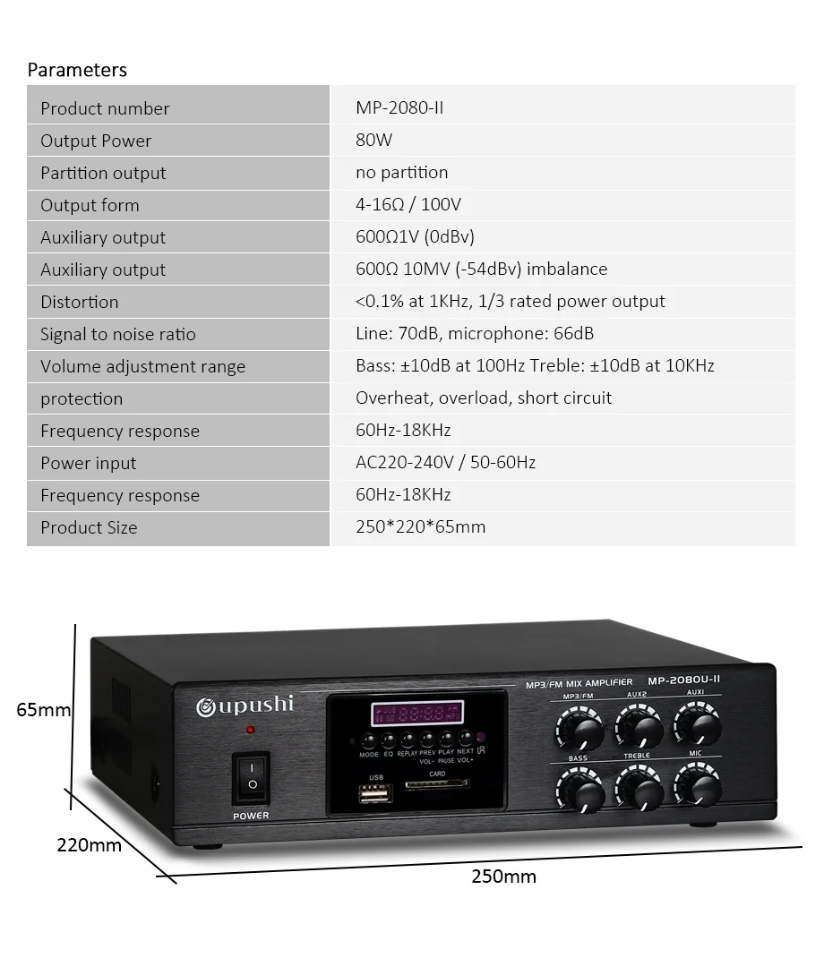 Oupushi MP-2080-II 80 Вт беспроводной Bluetooth аудио Профессиональный усилитель мощности микрофон FM Радио MP3 USB воспроизведение