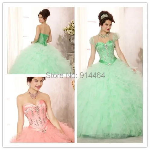 Modern Sweetheart Quinceanera Dresses Green vestido de debutante para 15 anos Long Open Back Party Gowns 2014 | Свадьбы и торжества