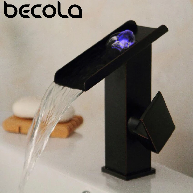 

BECOLA Three Colours LED Light Barss Waterfall Basin Faucet For Bathroom. The Black Deck Mount Square Vanity Sink Mixer Tap