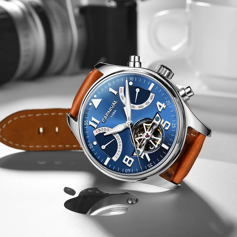 Часы мужские механические с турбийоном розовое золото синие циферблаты