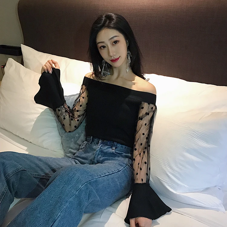 WHITNEY WANG 2019 Весна Осень Мода Уличная Сексуальная Слэш шеи точка сетки лоскутное Flare