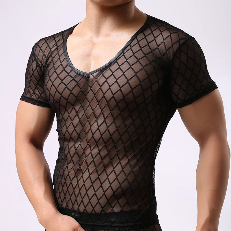 Модный мужской сексуальный одинолет клетчатые прозрачные сетчатые футболки