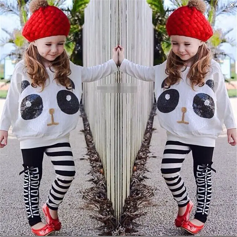 Fashion Children Girls Panda Clothes Set Bawing sleeve Sequins T-shirt Tops Long Pant Legging 2PCS Outfits Kids Clothing | Мать и ребенок