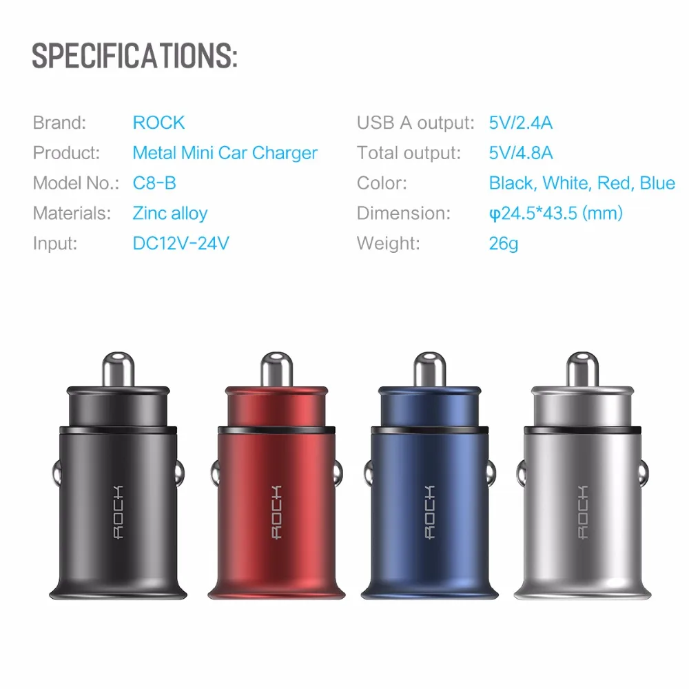 Rock 5V4. 8A Dual USB Автомобильное зарядное устройство для iPhone samsung huawei Xiaomi Мобильный телефон быстрое автомобильное зарядное устройство USB Автомобильное зарядное устройство для путешествий