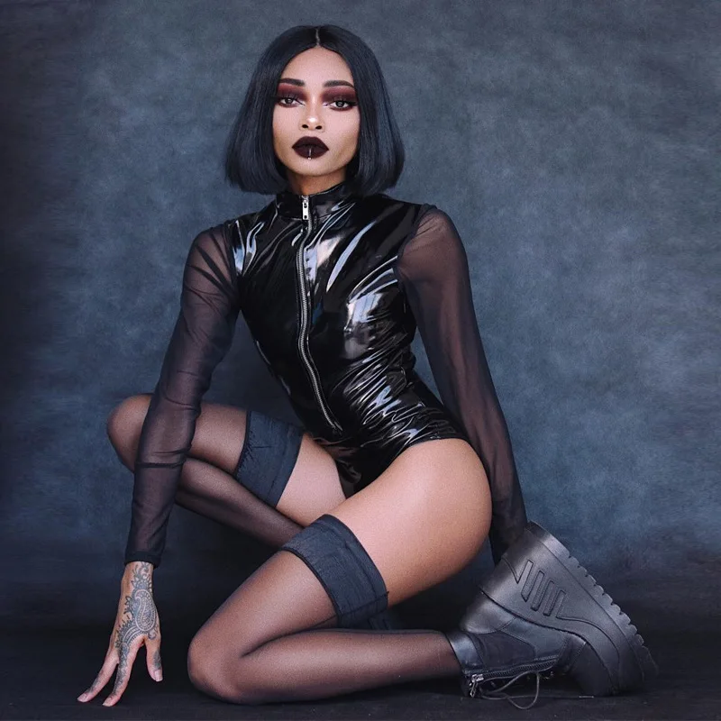 Новинка 2019 года Зимний боди из искусственной кожи трикотажный комбинезон с высоким воротником на молнии и