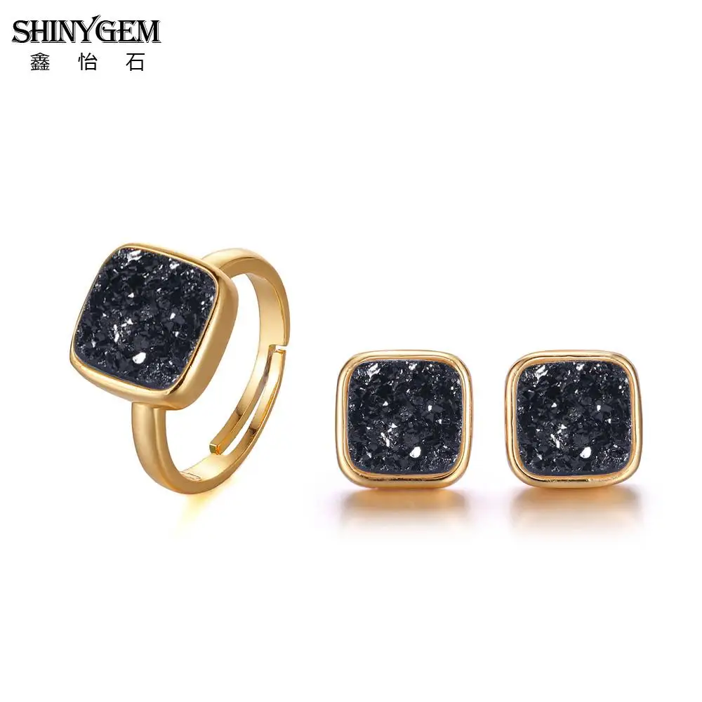 Серьги гвоздики с натуральным кристаллом ShinyGem Square регулируемые кольца