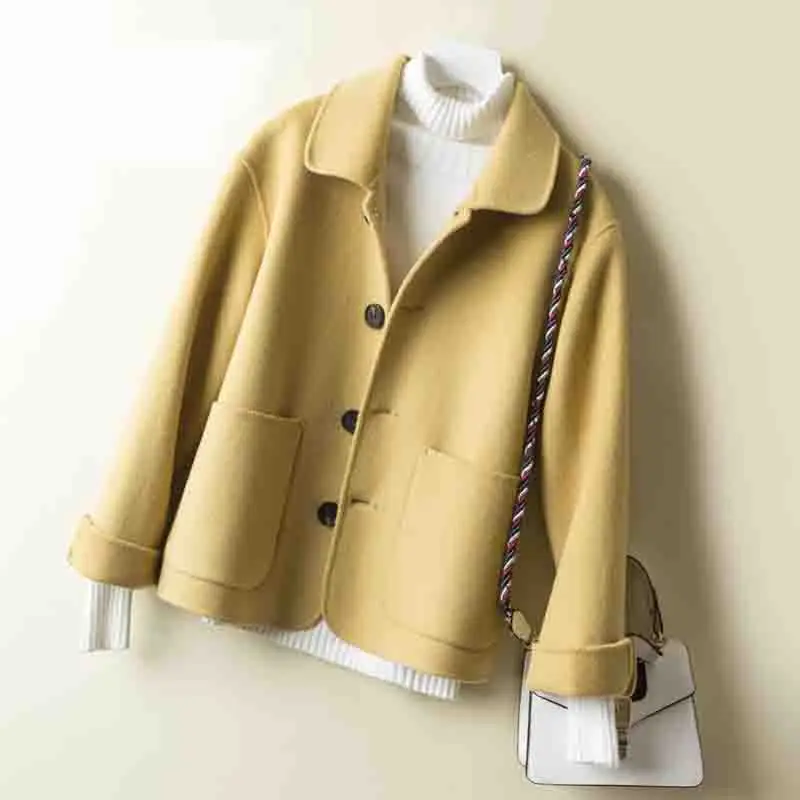 Wool Coat Women Spring Autumn high quality Double-sided Cashmere Jacket Long sleeve Casual plus size Short Coats - Цвет: Цвет: желтый