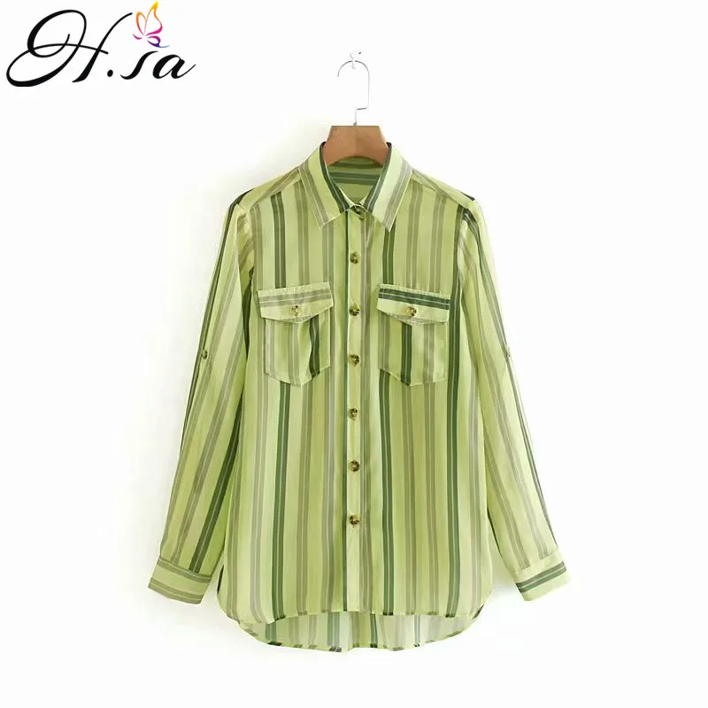 Женские офисные блузки H.SA с отложным воротником в зеленую полоску свободные