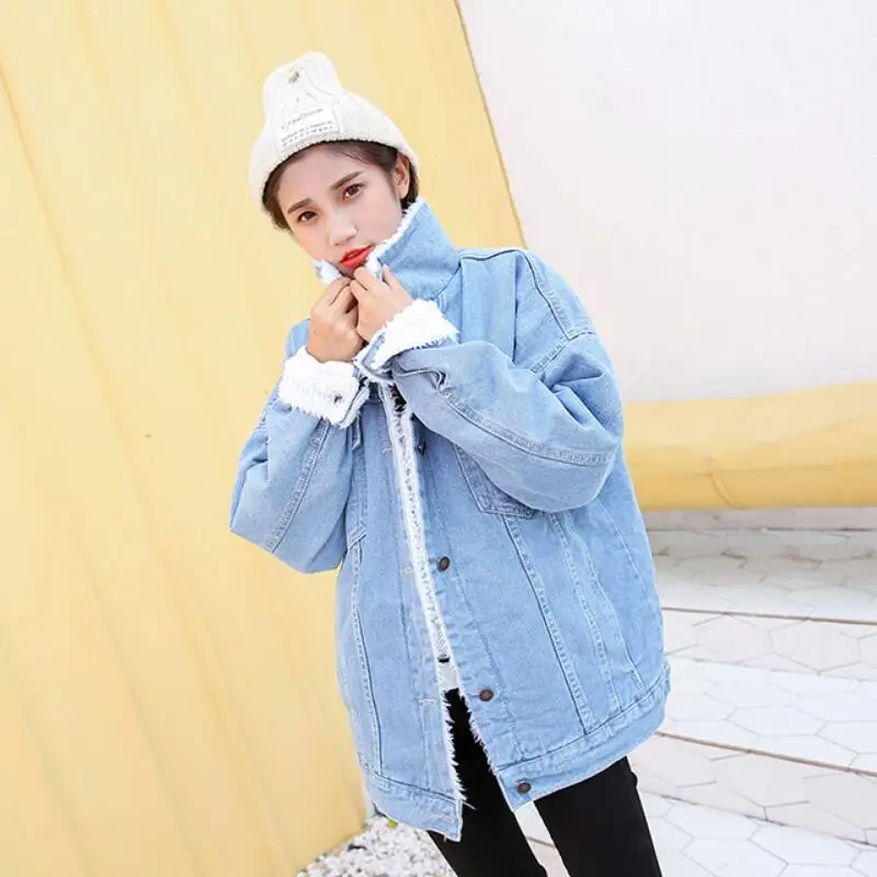 Женское джинсовое пальто из овечьей шерсти с 4 карманами теплое длинными