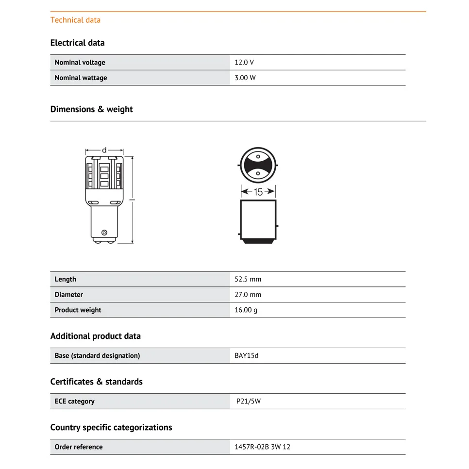 OSRAM СВЕТОДИОДНЫЙ riving standard светодиодный S25 P21/5 Вт 1457R красный цвет противотуманные