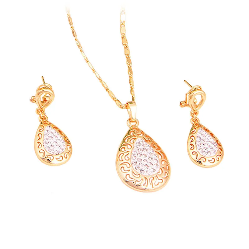 Gold Color Fashion Jewelry Sets For Women Full Rhinestone Crystal Hollow Out Water Drop Pendant Necklace And Earrings Set | Украшения и