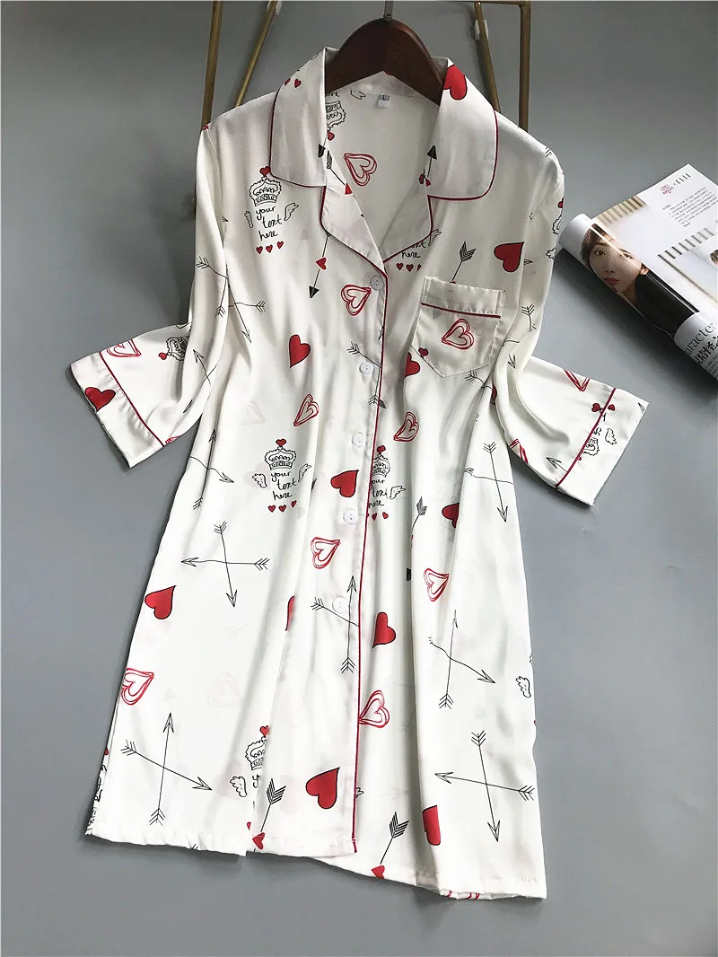 Женская пижама, летняя, короткий рукав, свободная, тонкая, сексуальная, ледяной шелк, рубашка, ночная рубашка, милая Пижама, шелковое платье, ночная рубашка