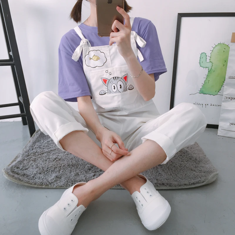 Harajuku Kawaii, женский комбинезон для школьников, корейский стиль, принт с кошкой, карманы, трендовые женские комбинезоны, летние, дышащие, шикарные