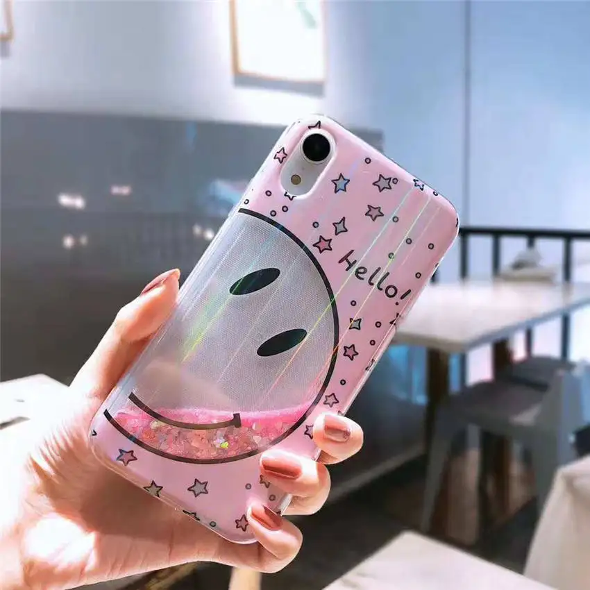 Clear Glitter Quicksand Phone Back Cover For iPhone XR XS MAS 6s 7 8 Plus Bling Dazzle Color Hello Greeting Big Smile Face Cases |